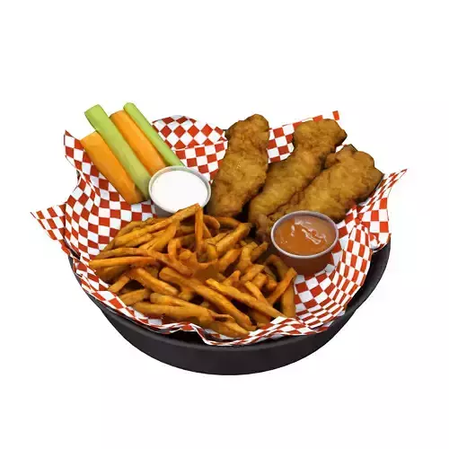 Breaded deep fried chicken winger with fries and sauces Low-poly 3D model