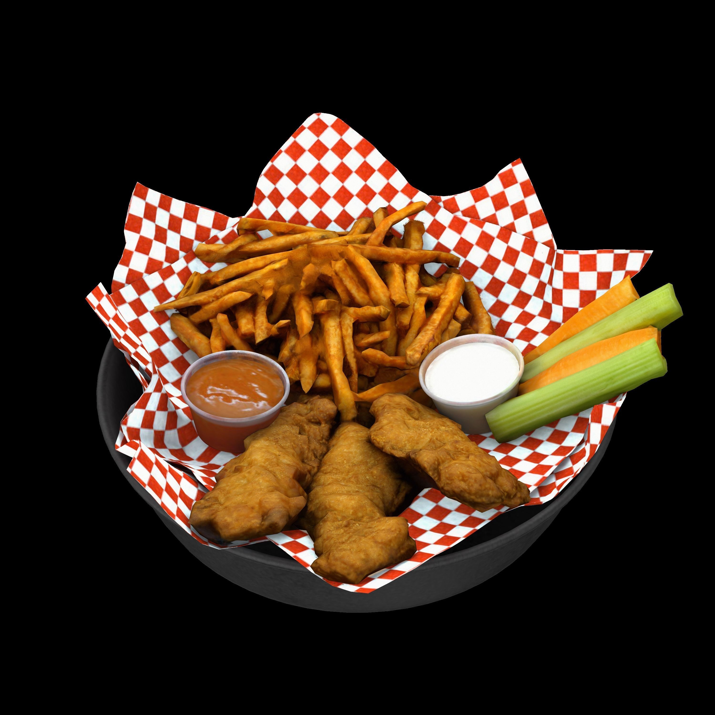 Breaded deep fried chicken winger with fries and sauces Low-poly 3D model_5
