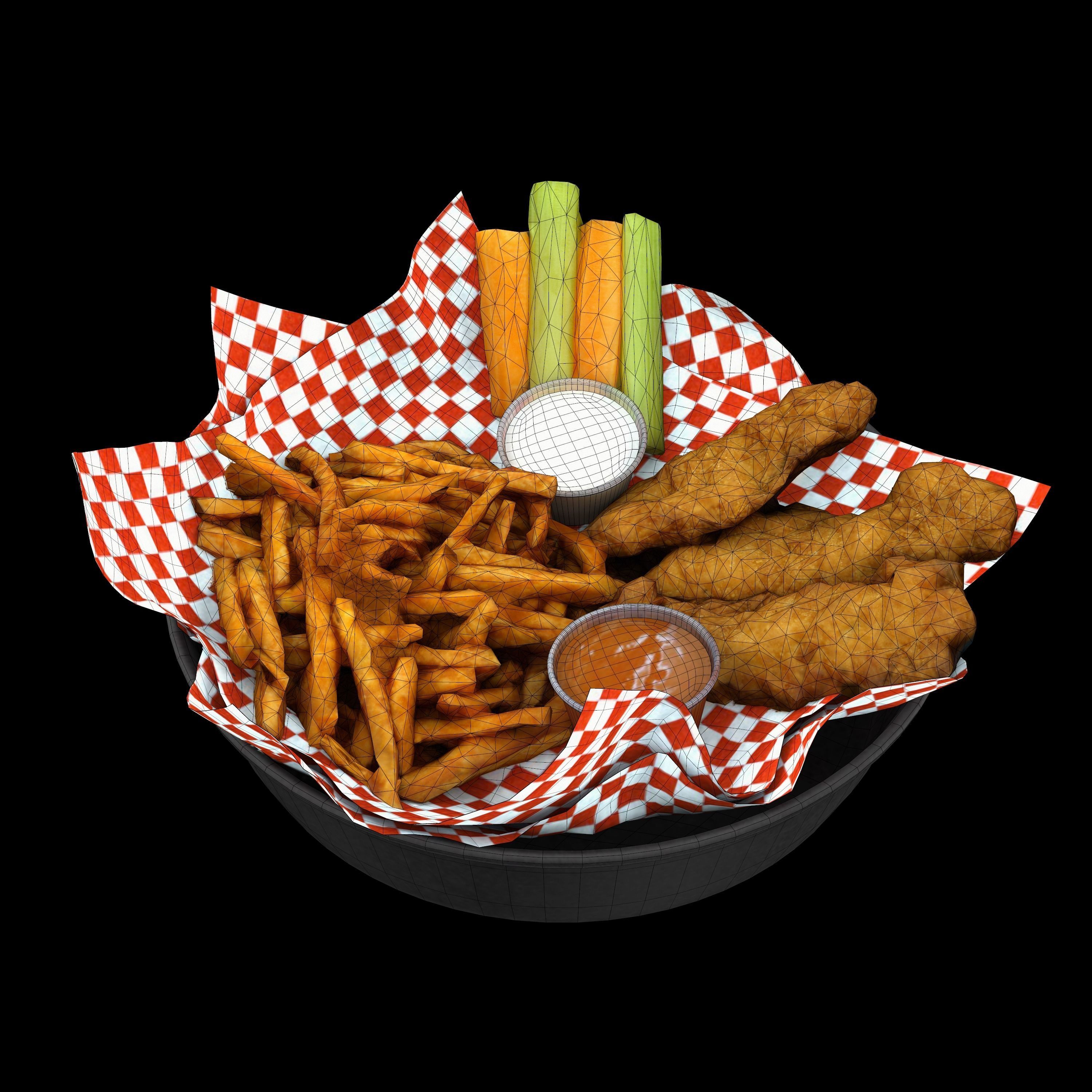 Breaded deep fried chicken winger with fries and sauces Low-poly 3D model_12