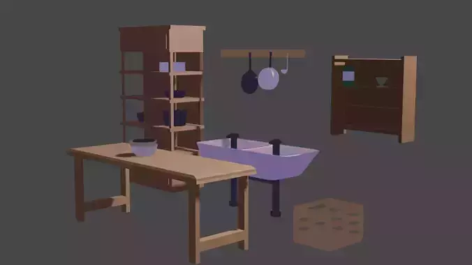 Kitchen Set with furniture and pots