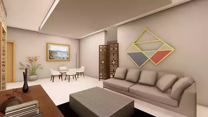 Reception living room with furniture and artwork