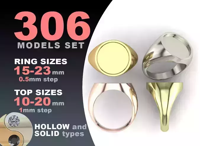 Signet rings set ROUND top 3D print model