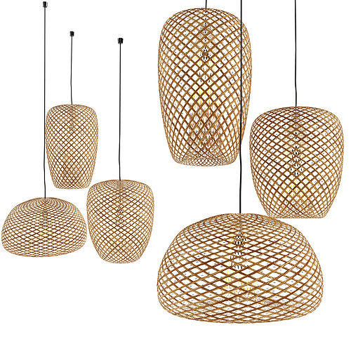 Set of 3 Bamboo Lantern Pendant Lamp 3D model