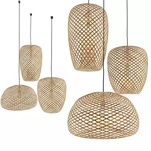 Set of 3 Bamboo Lantern Pendant Lamp 3D model