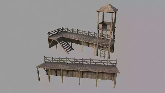 Barracks wooden structure with stairs and tower