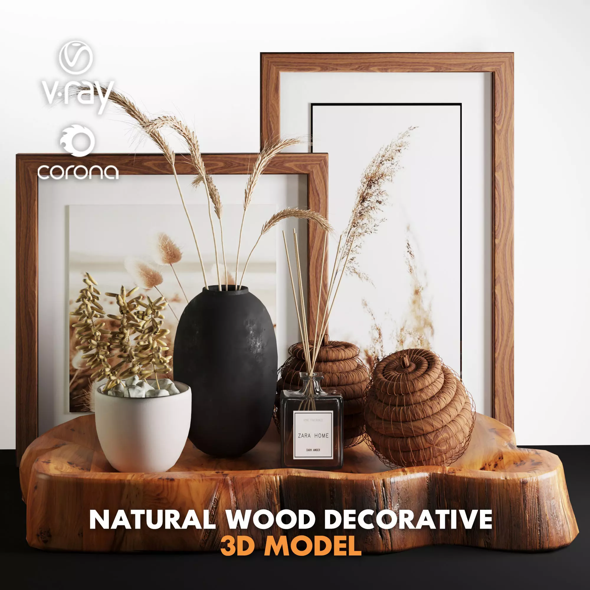 3dasset natural wood and wheat decorative set 3D model_0