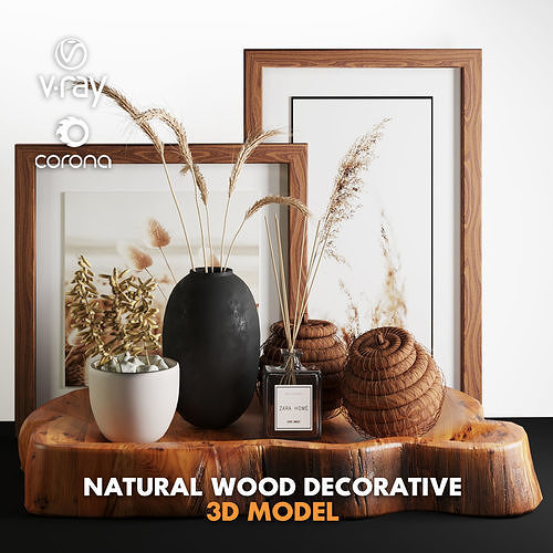 3dasset natural wood and wheat decorative set 3D model