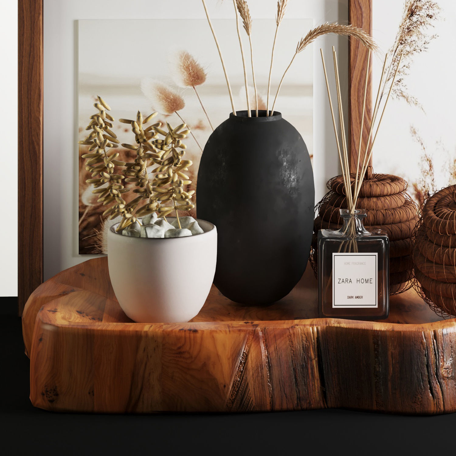 3dasset natural wood and wheat decorative set 3D model_4