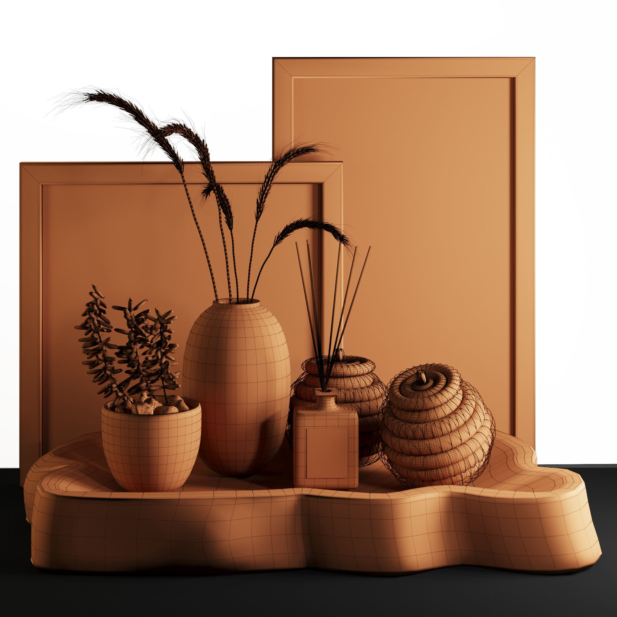 3dasset natural wood and wheat decorative set 3D model_5