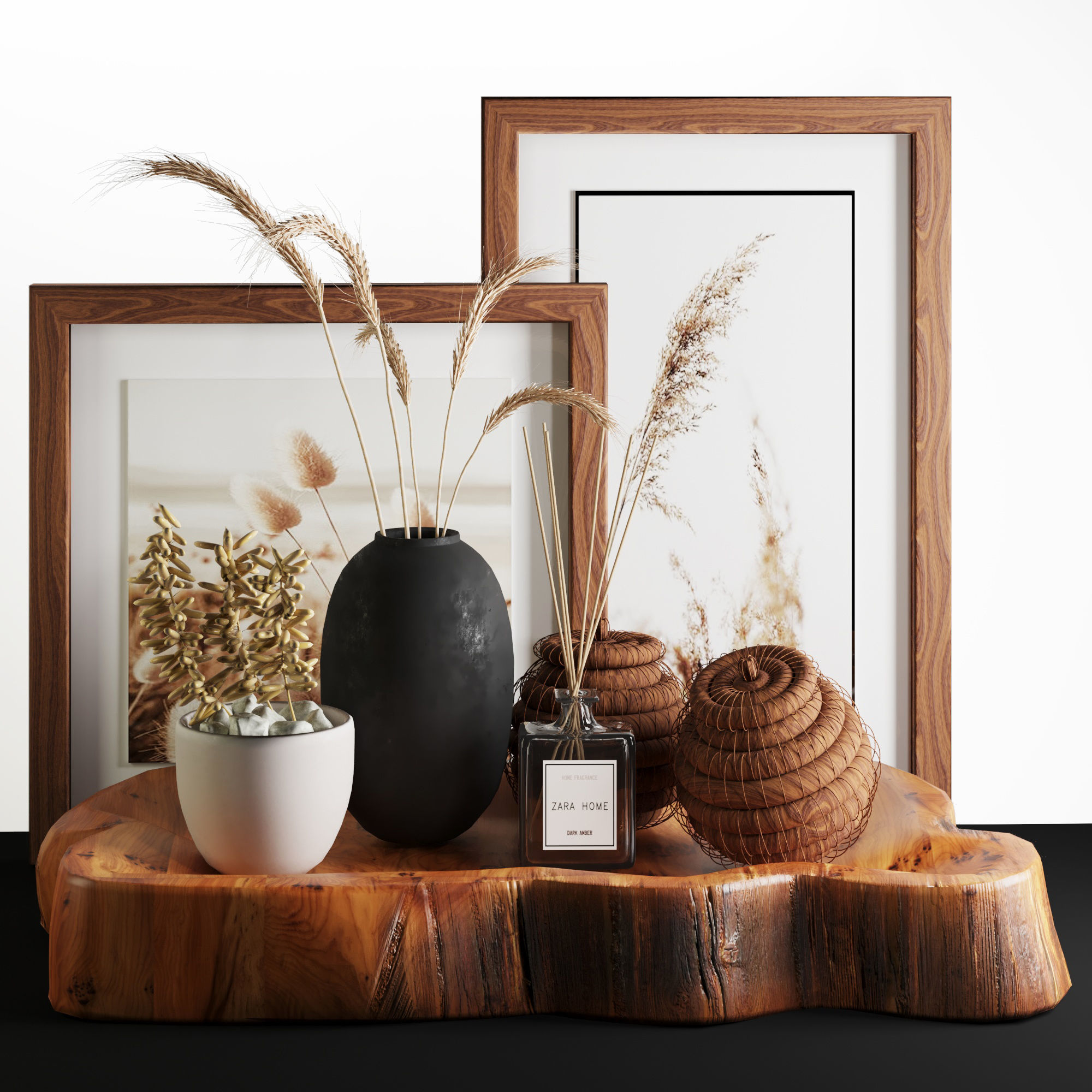 3dasset natural wood and wheat decorative set 3D model_2