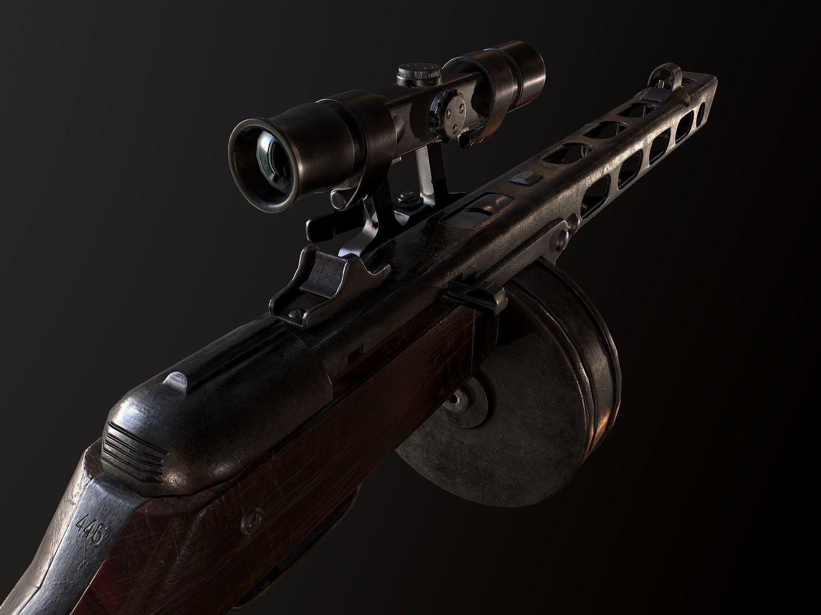PPSh-41 with scope USSR Machine gun WW2 PBR Low-poly 3D model_2