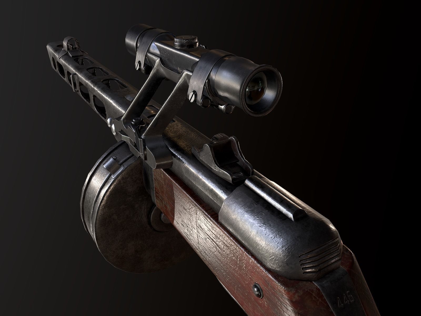 PPSh-41 with scope USSR Machine gun WW2 PBR Low-poly 3D model_4