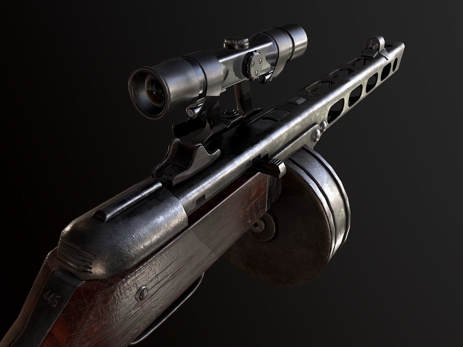 PPSh-41 with scope USSR Machine gun WW2 PBR Low-poly 3D model_3