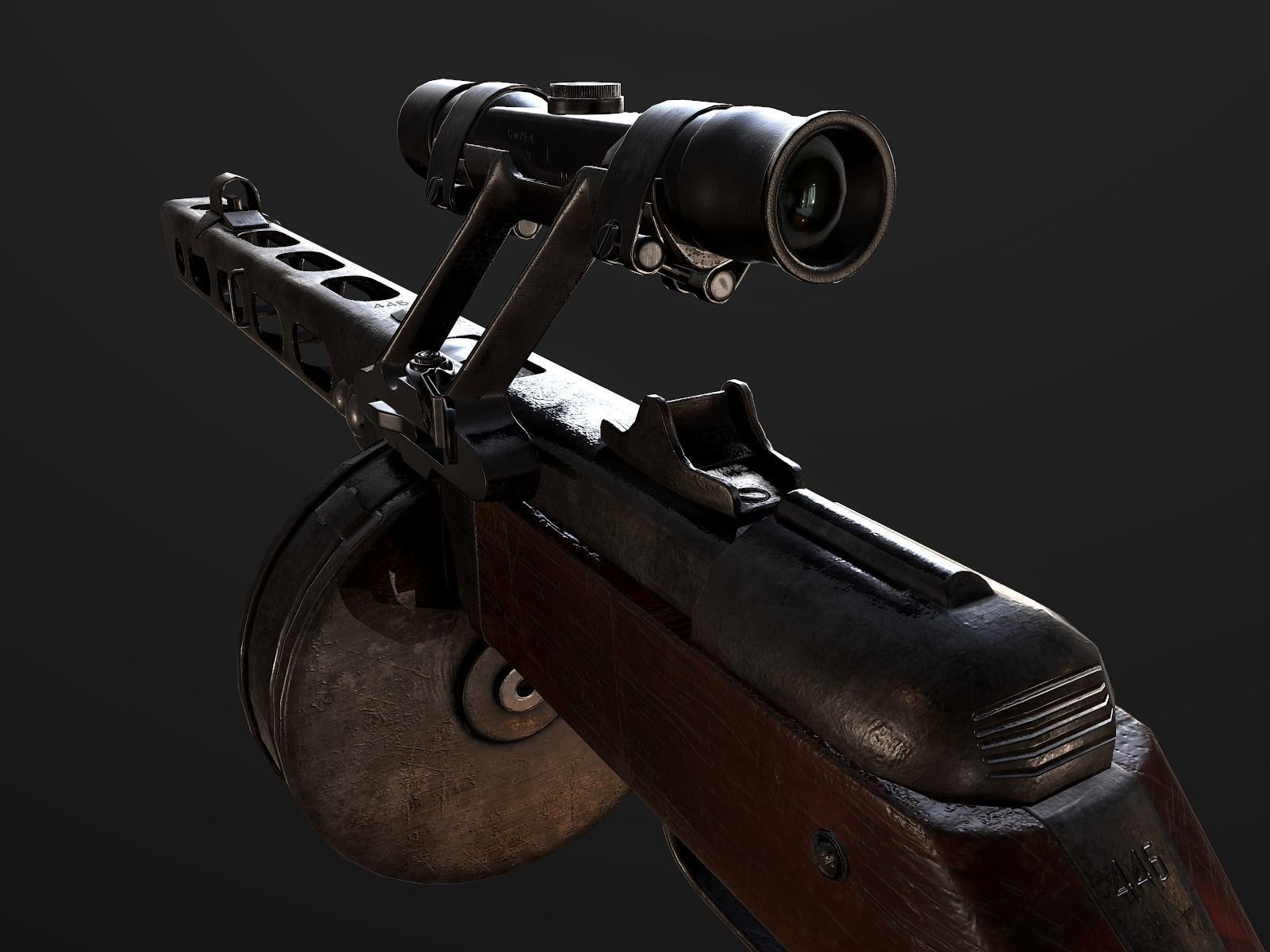 PPSh-41 with scope USSR Machine gun WW2 PBR Low-poly 3D model_7