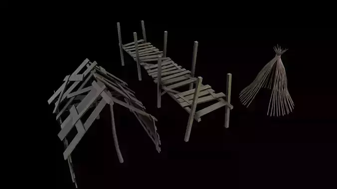 Asset of wooden decorations in low poly