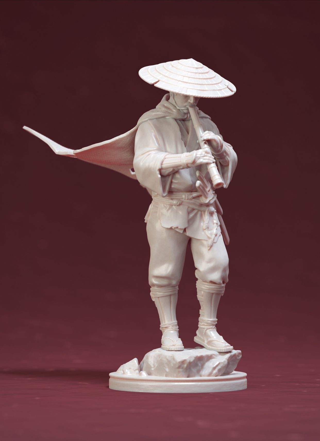 Samurai with bambooflute 3D print model_1