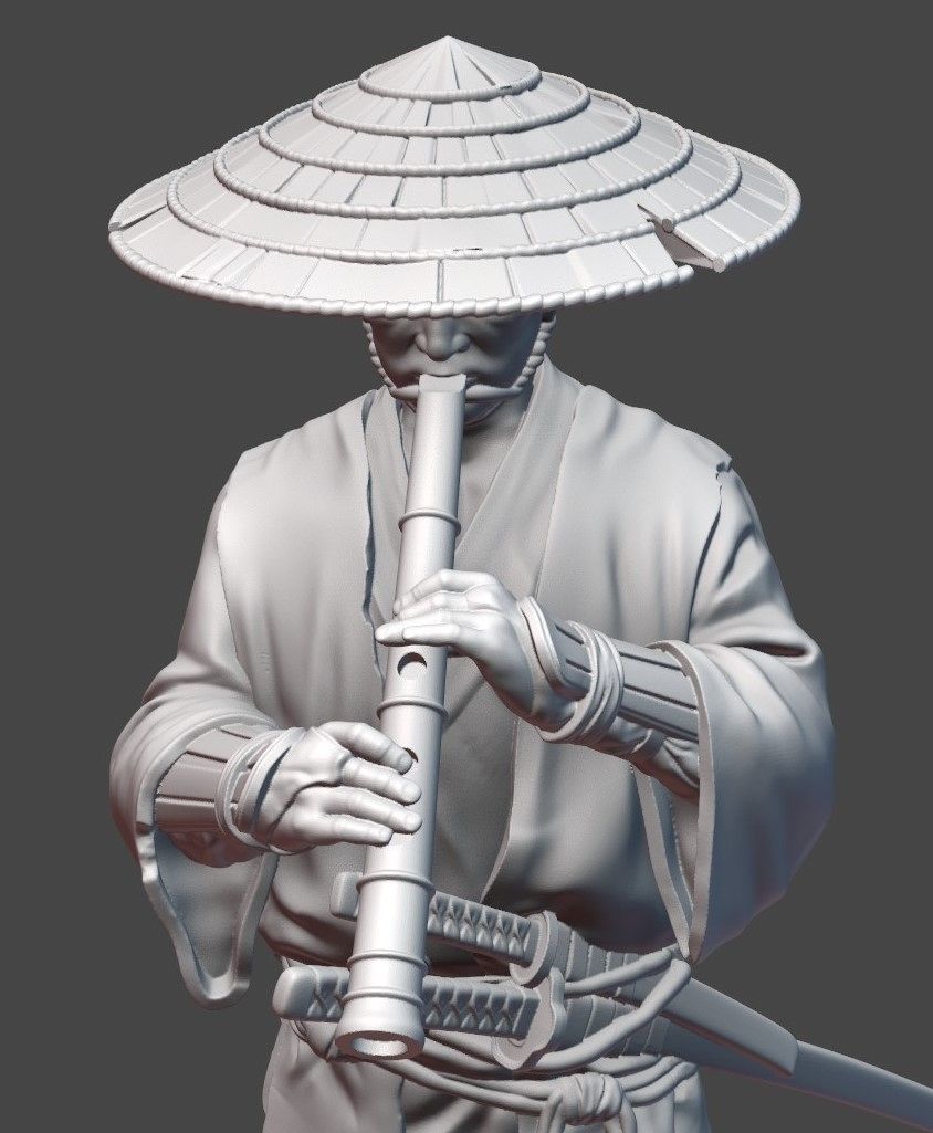 Samurai with bambooflute 3D print model_2