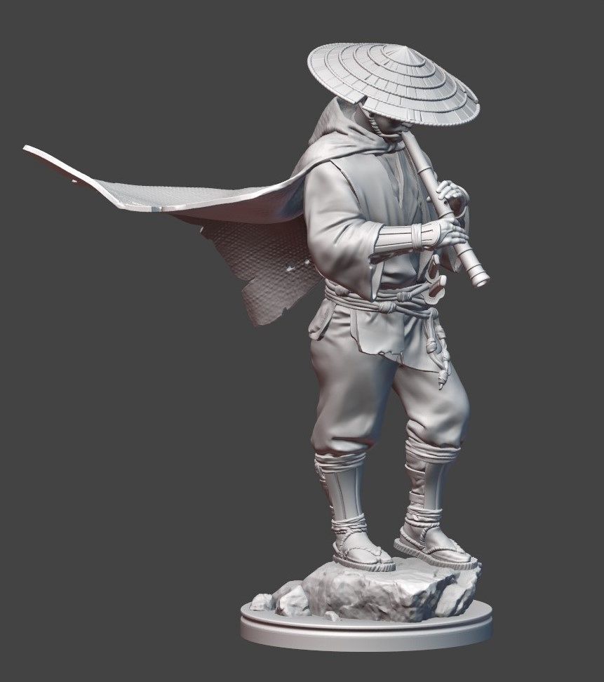 Samurai with bambooflute 3D print model_4