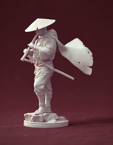Samurai with bambooflute 3D print model