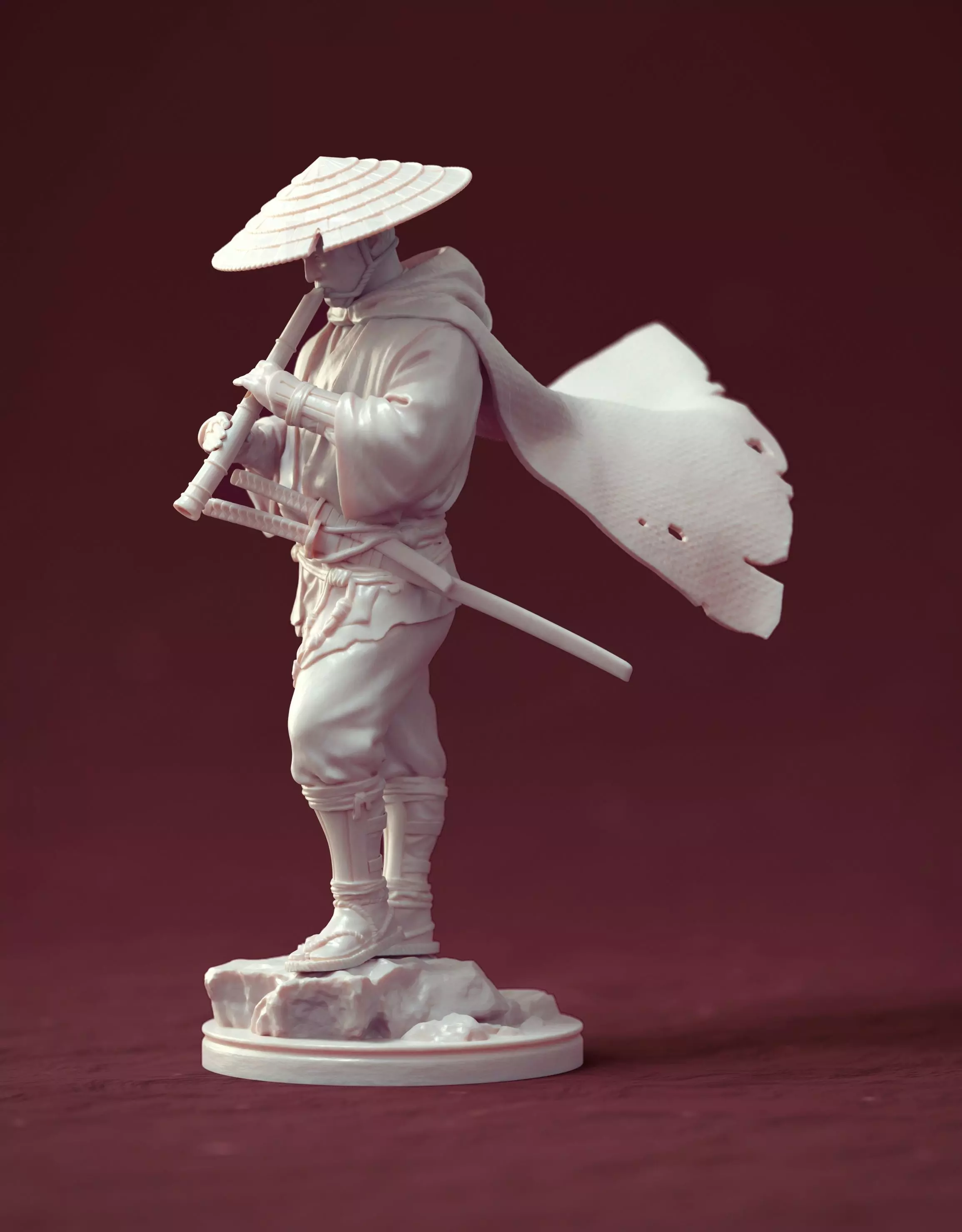 Samurai with bambooflute 3D print model_0