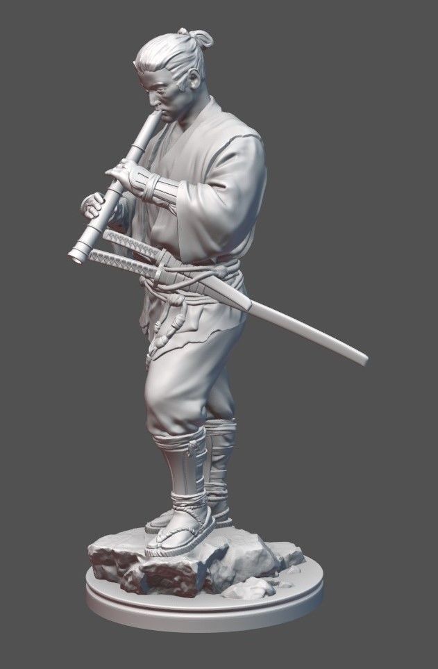 Samurai with bambooflute 3D print model_3