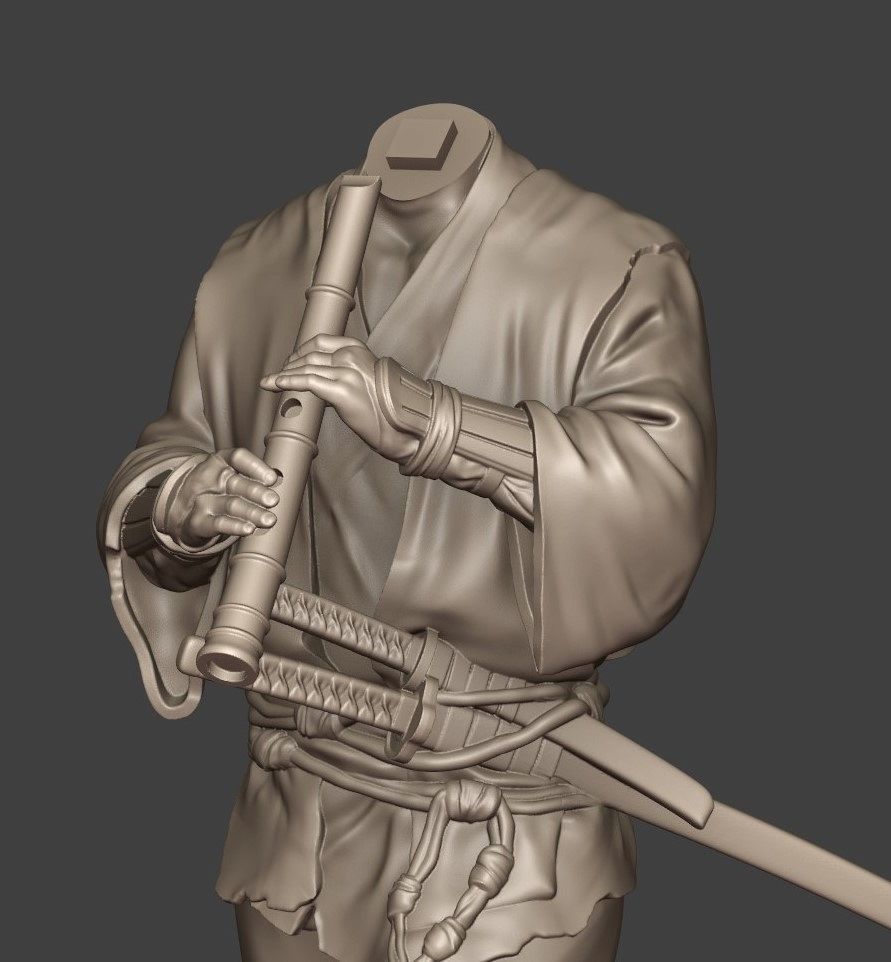 Samurai with bambooflute 3D print model_7
