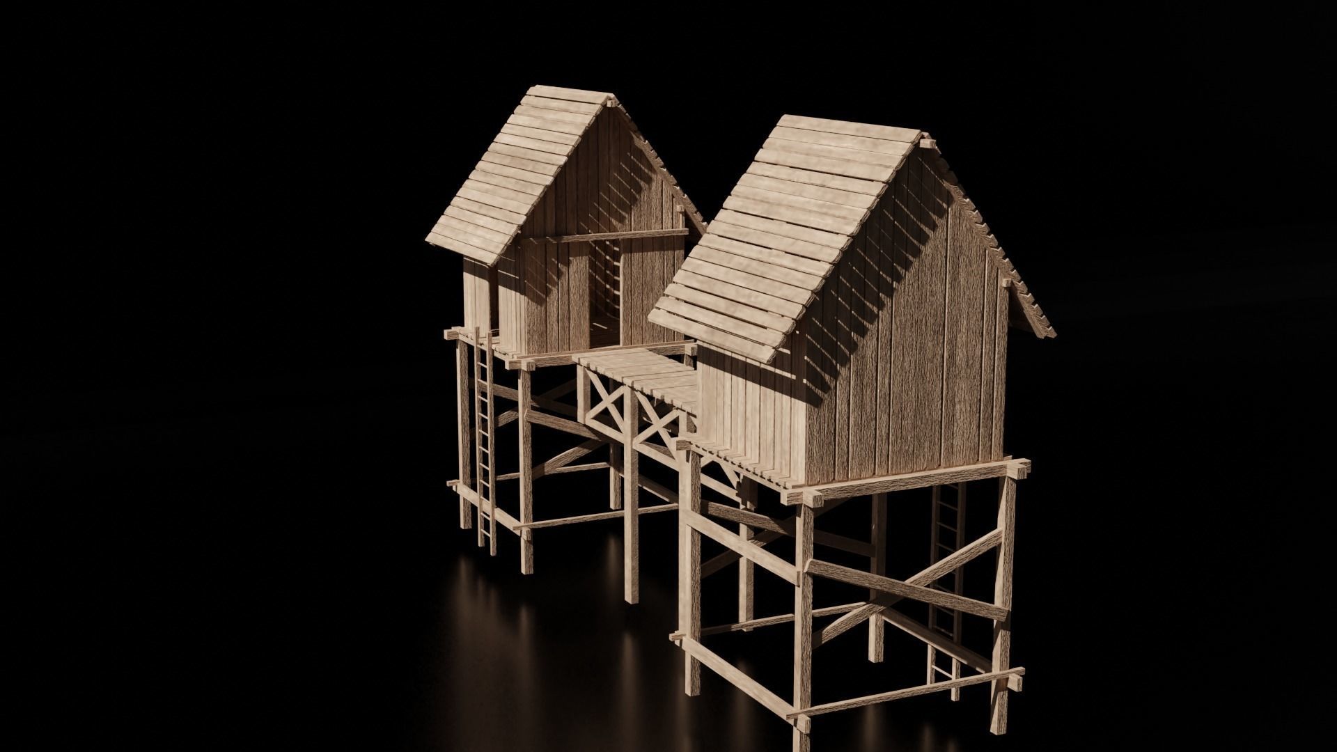 Wooden Medieval Hut with Bridge - Low Poly -  Game Asset Low-poly 3D model_2