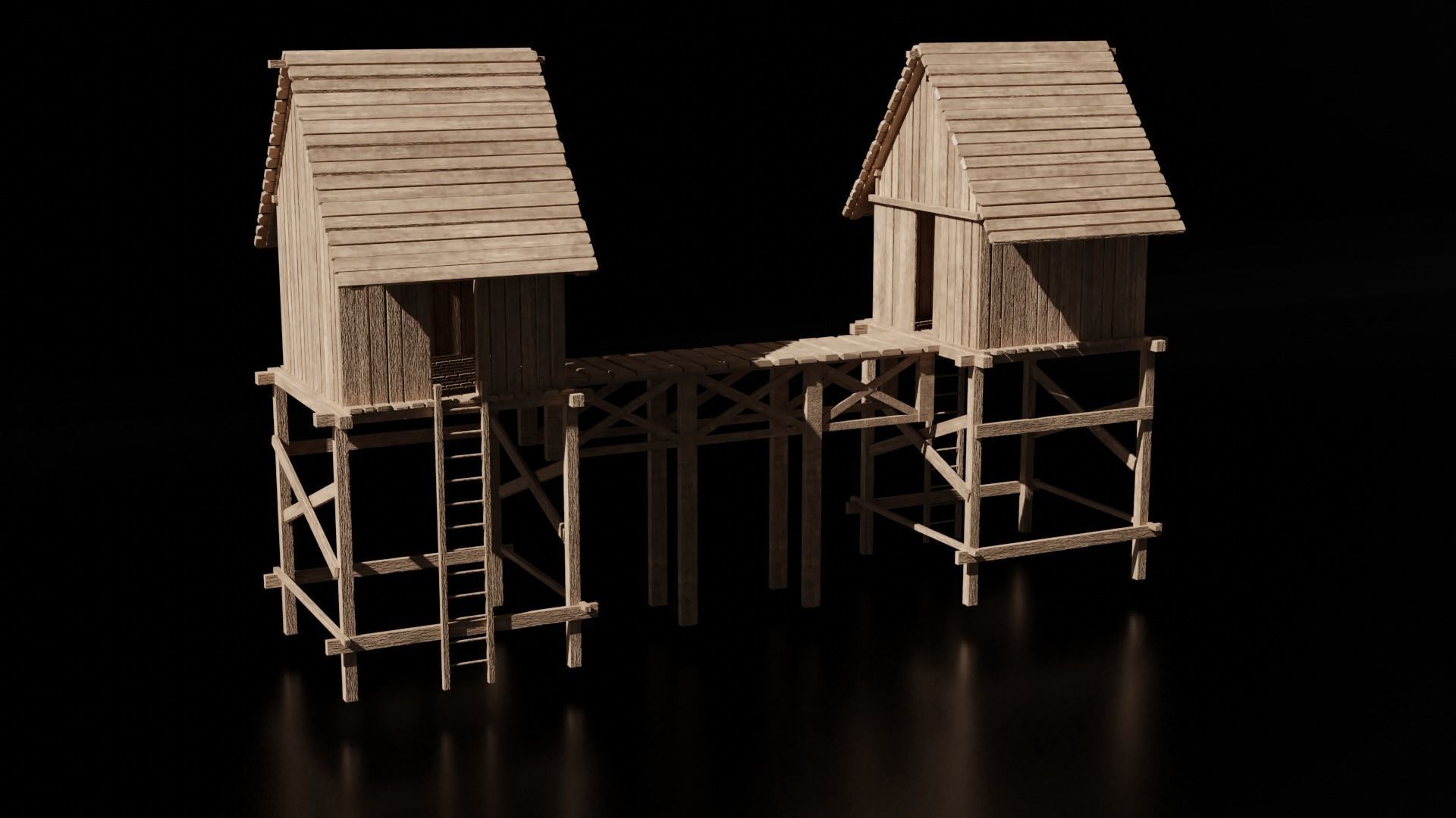 Wooden Medieval Hut with Bridge - Low Poly -  Game Asset Low-poly 3D model_5