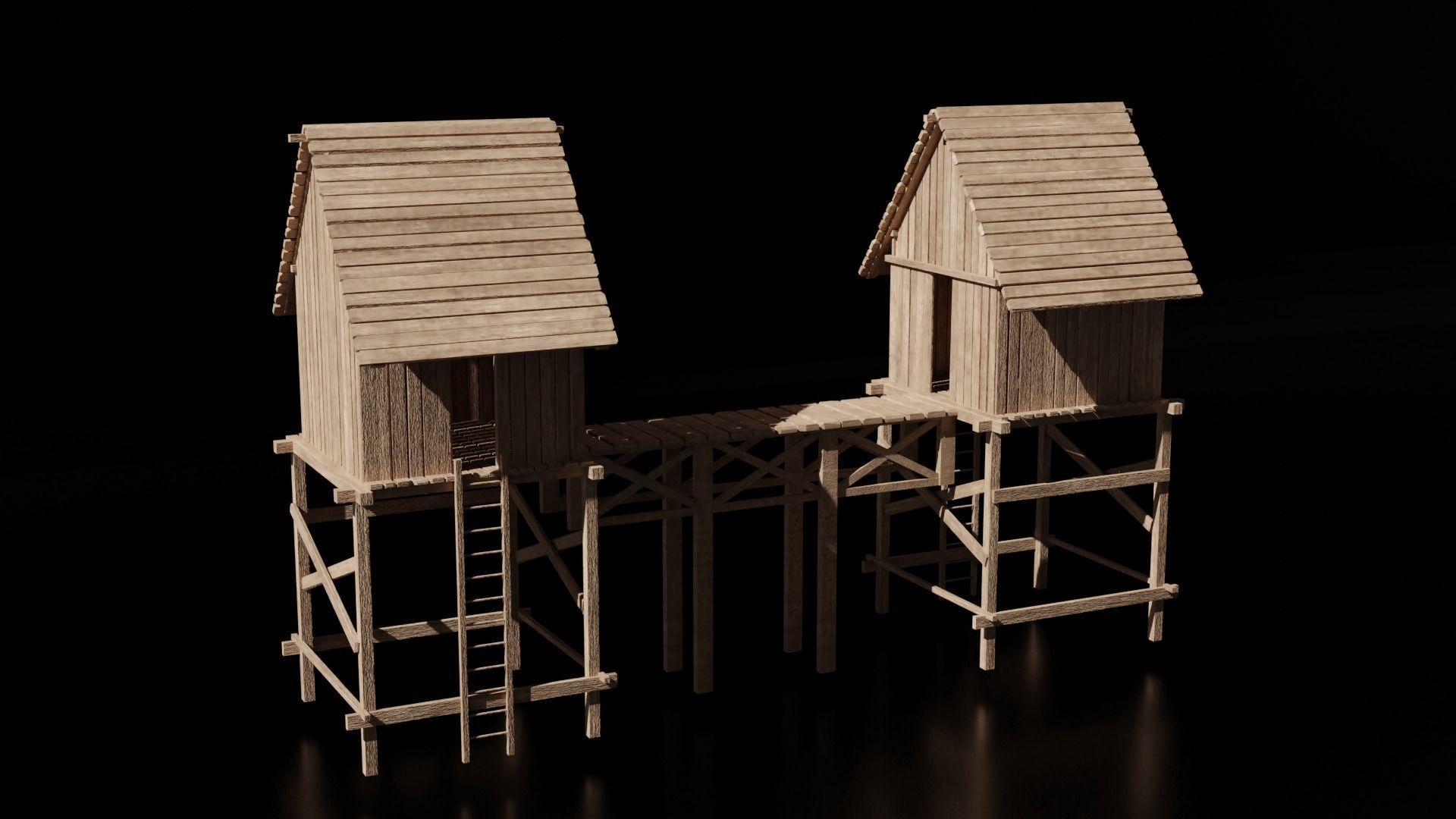 Wooden Medieval Hut with Bridge - Low Poly -  Game Asset Low-poly 3D model_7