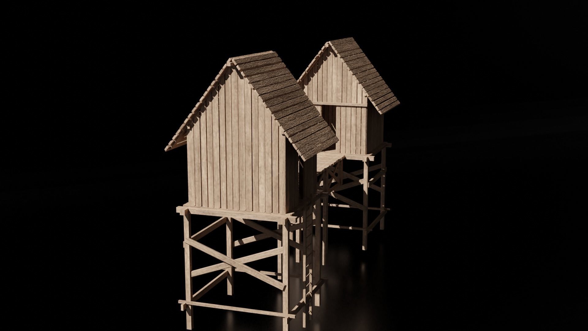 Wooden Medieval Hut with Bridge - Low Poly -  Game Asset Low-poly 3D model_4