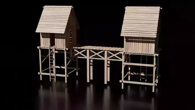 Wooden Medieval Hut with Bridge - Low Poly -  Game Asset