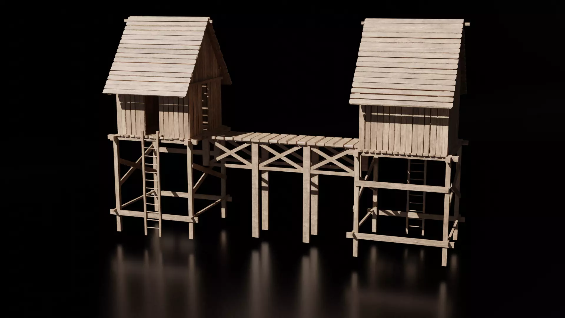 Wooden Medieval Hut with Bridge - Low Poly -  Game Asset Low-poly 3D model_0
