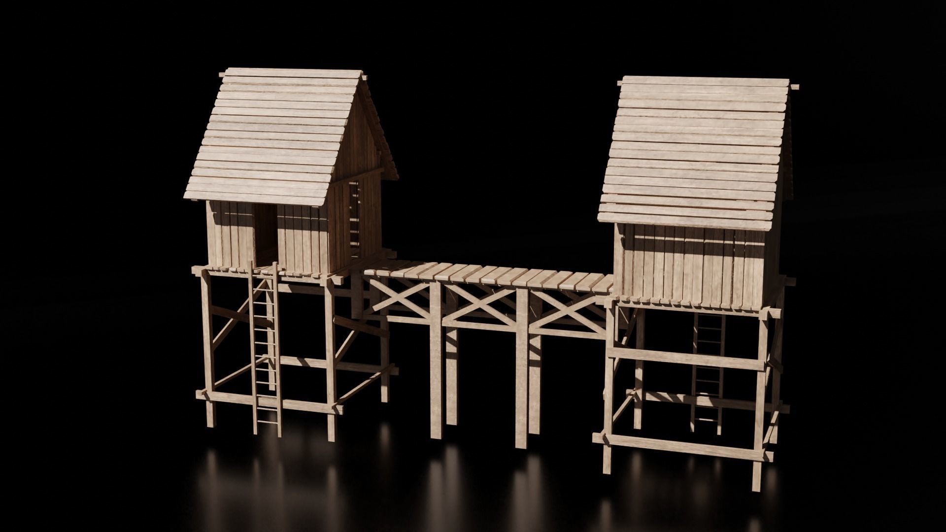 Wooden Medieval Hut with Bridge - Low Poly -  Game Asset Low-poly 3D model_6