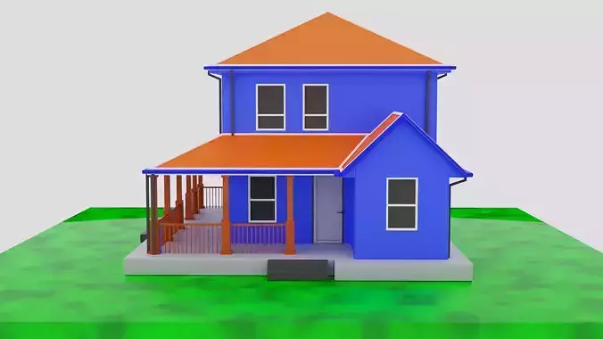Low poly house 3D model orange on field