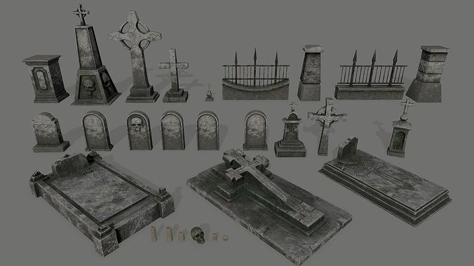 tombstone set two tombstones with skull and crossbones Low-poly 3D model