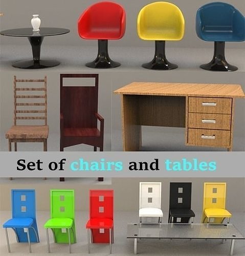Set of chairs and tables Low-poly 3D model