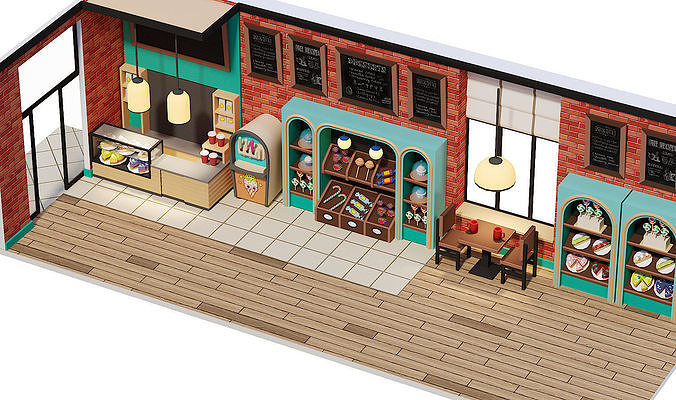 Lowpoly coffe shop interior Low-poly 3D model