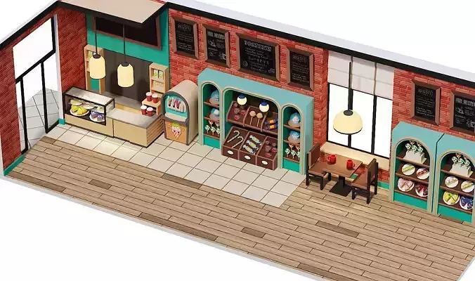 Lowpoly coffe shop interior Low-poly 3D model