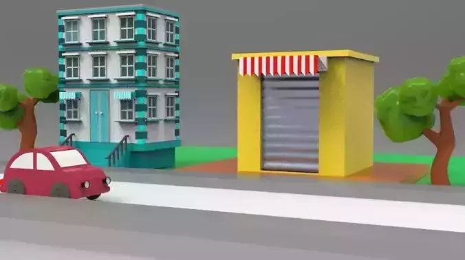 low poly 3d environment street with two buildings and car Low-poly 3D model