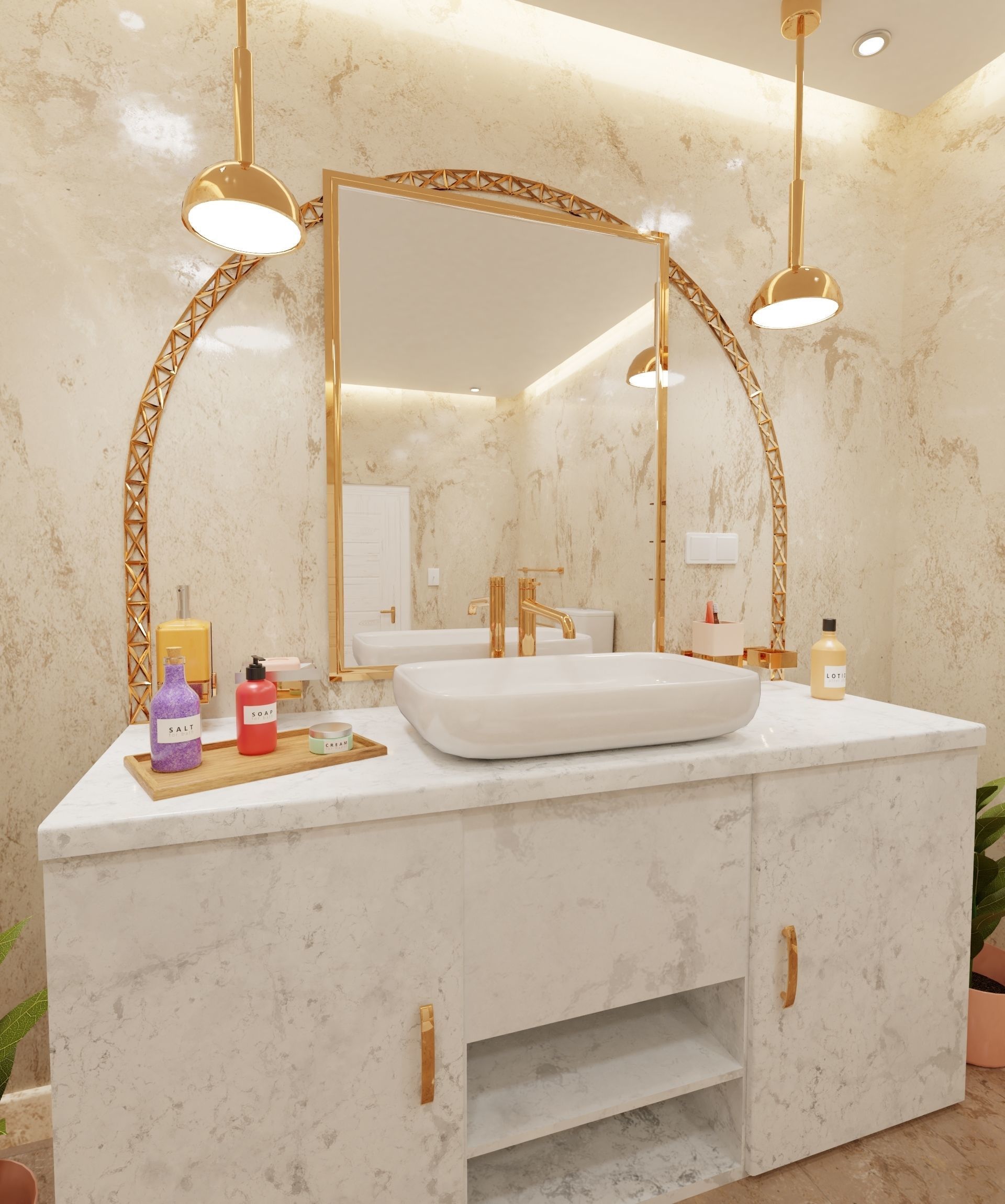 Bathroom with gold and marble accents 3D model_6