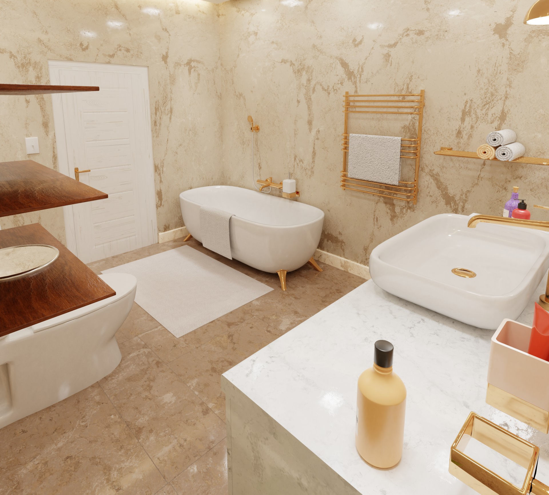 Bathroom with gold and marble accents 3D model_4