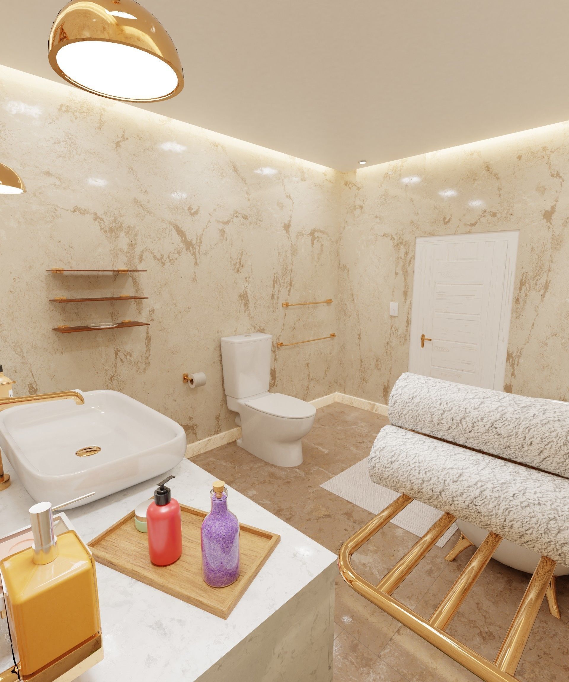 Bathroom with gold and marble accents 3D model_1