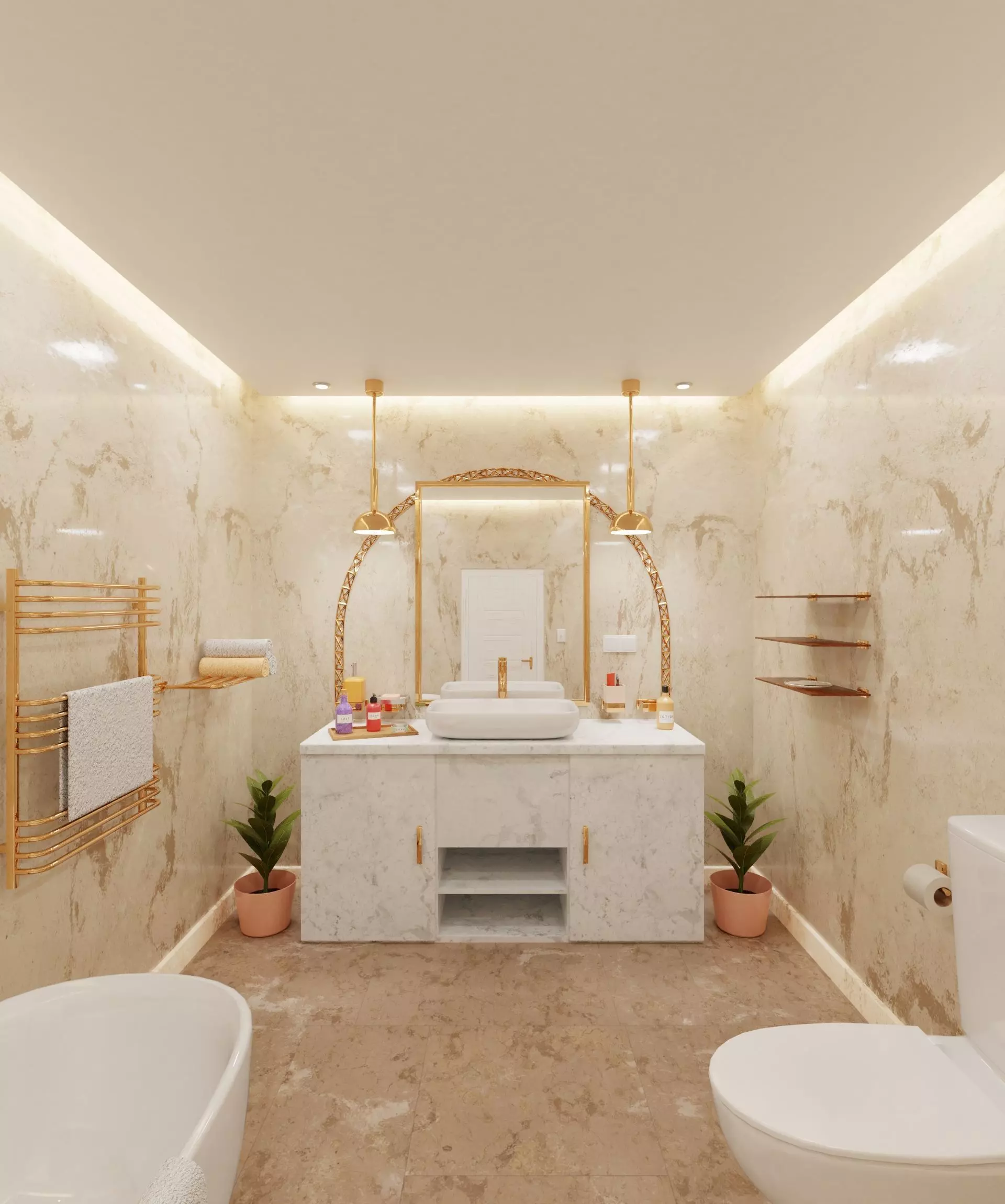 Bathroom with gold and marble accents 3D model_0