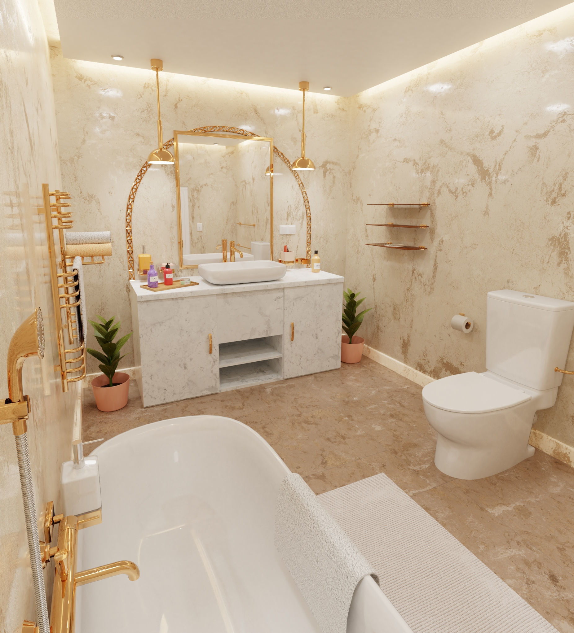Bathroom with gold and marble accents 3D model_3
