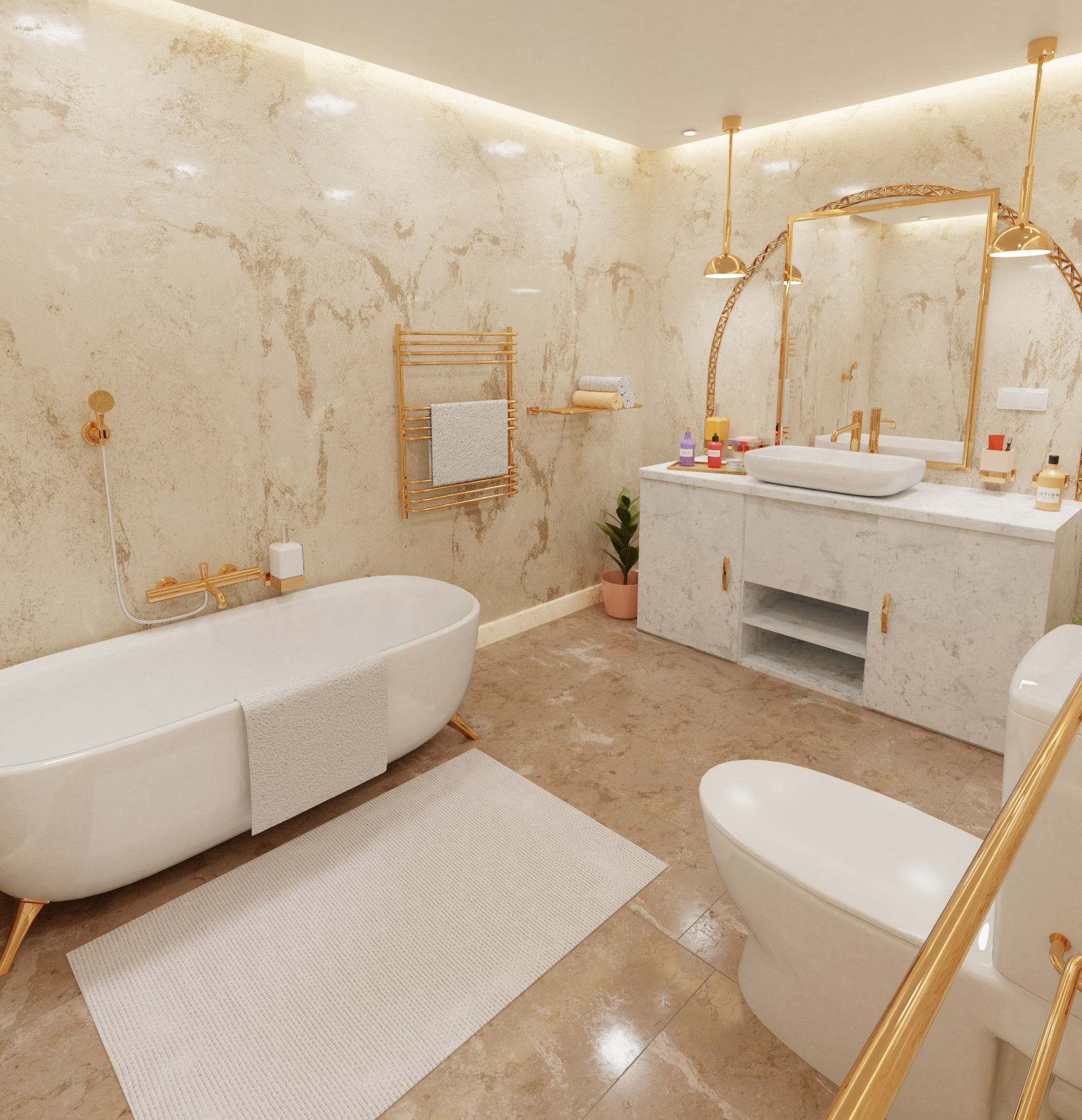 Bathroom with gold and marble accents 3D model_2
