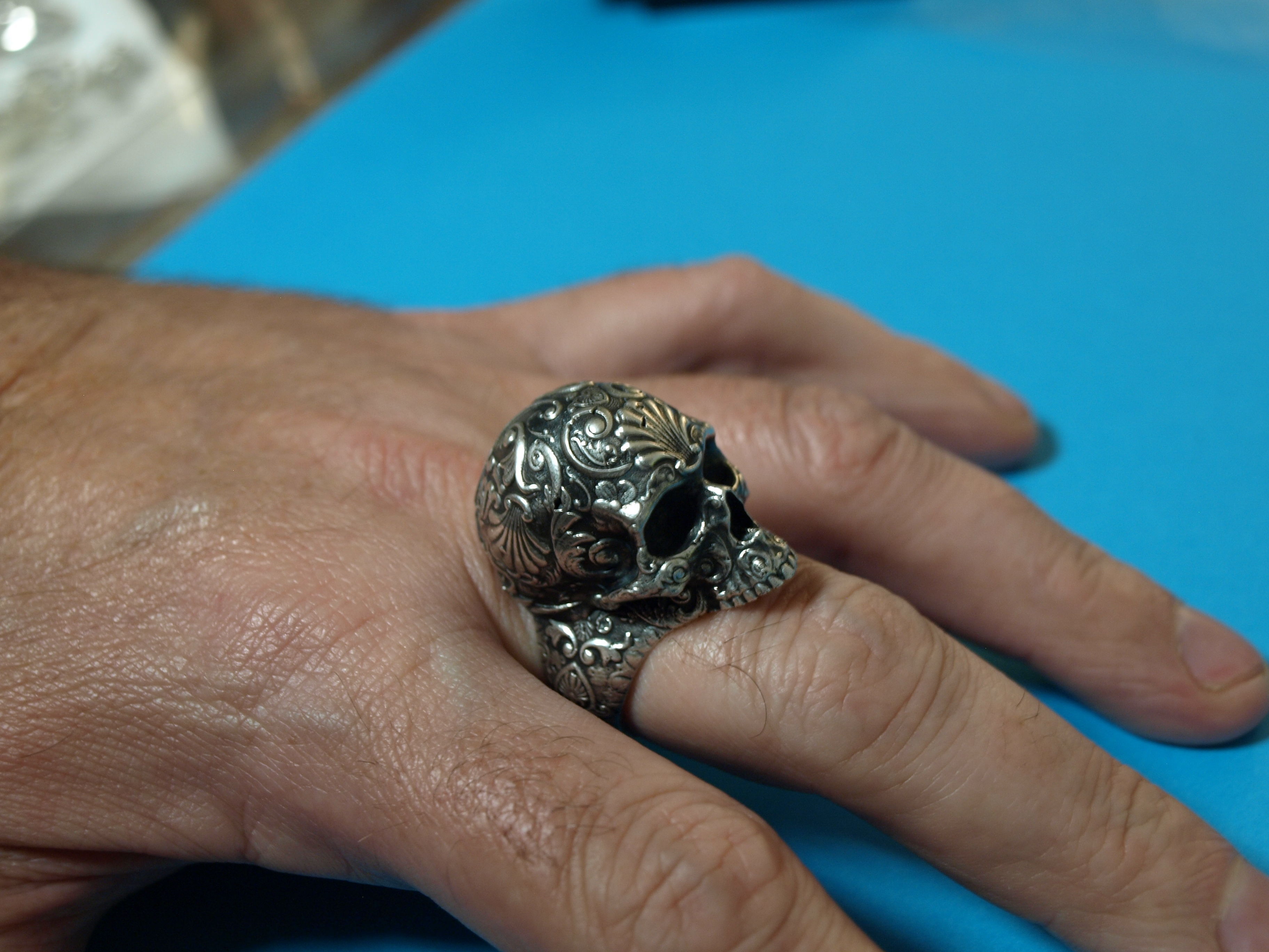 Skull Ring Patterned and Cast in Silver 3D print model_3