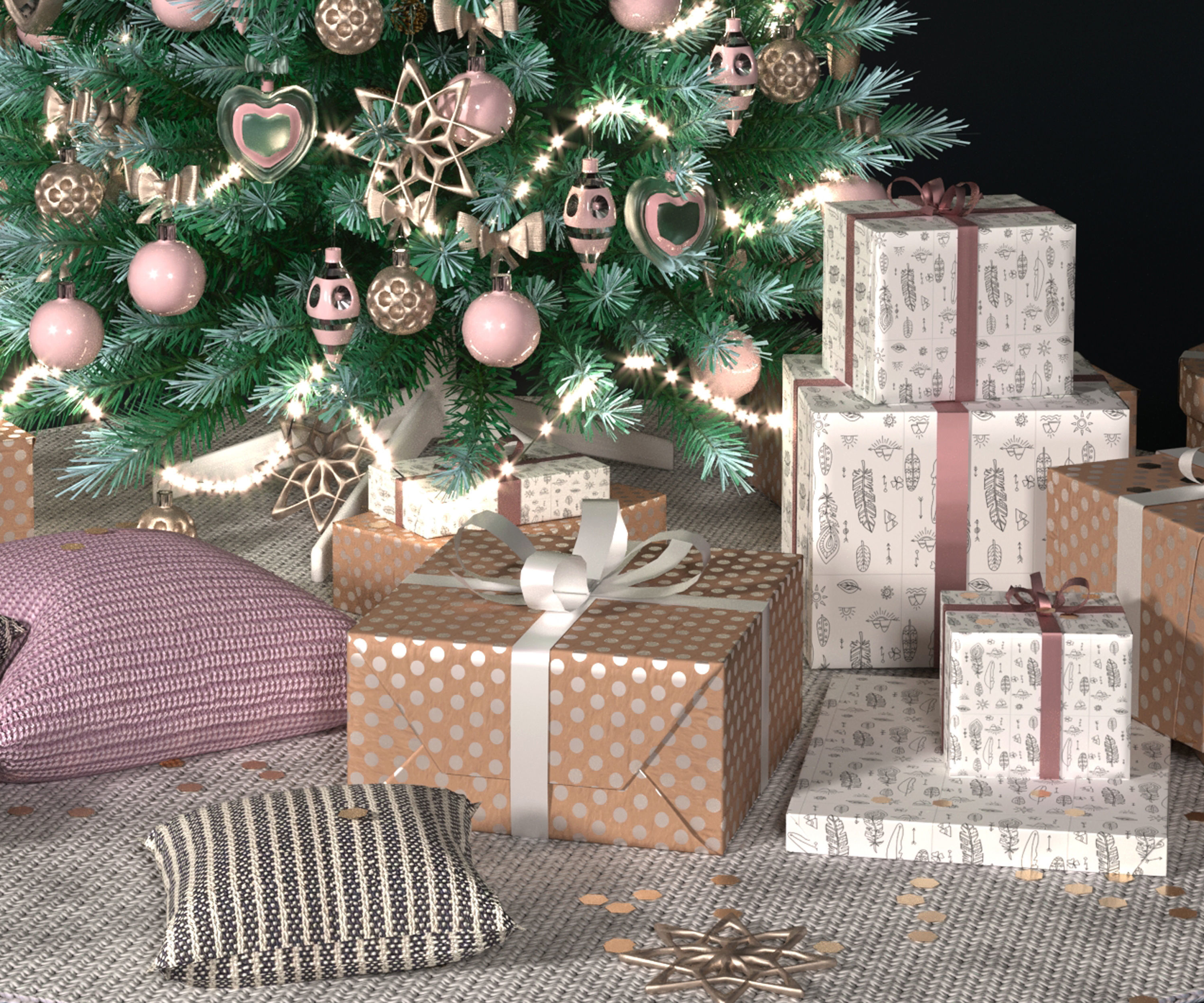 Realistic Christmas tree with gift boxes 3D model_1