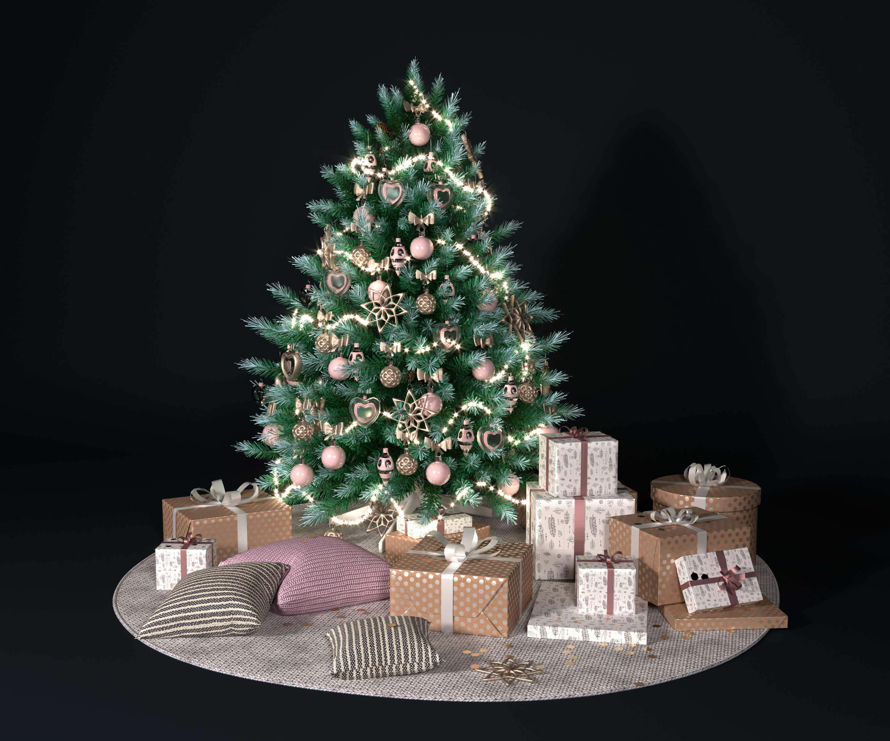 Realistic Christmas tree with gift boxes 3D model_2