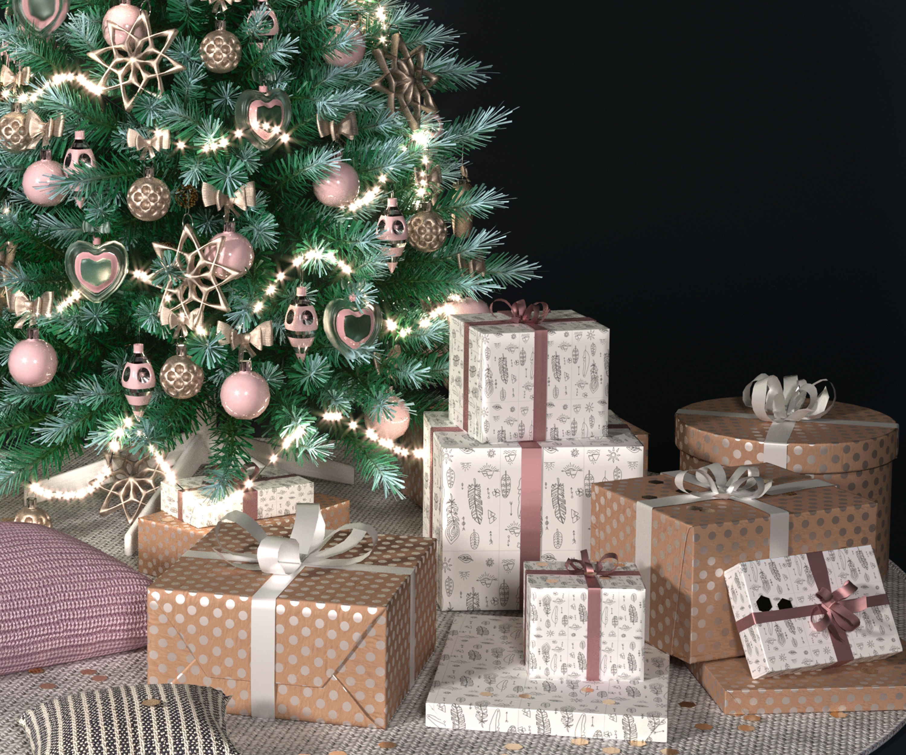 Realistic Christmas tree with gift boxes 3D model_10