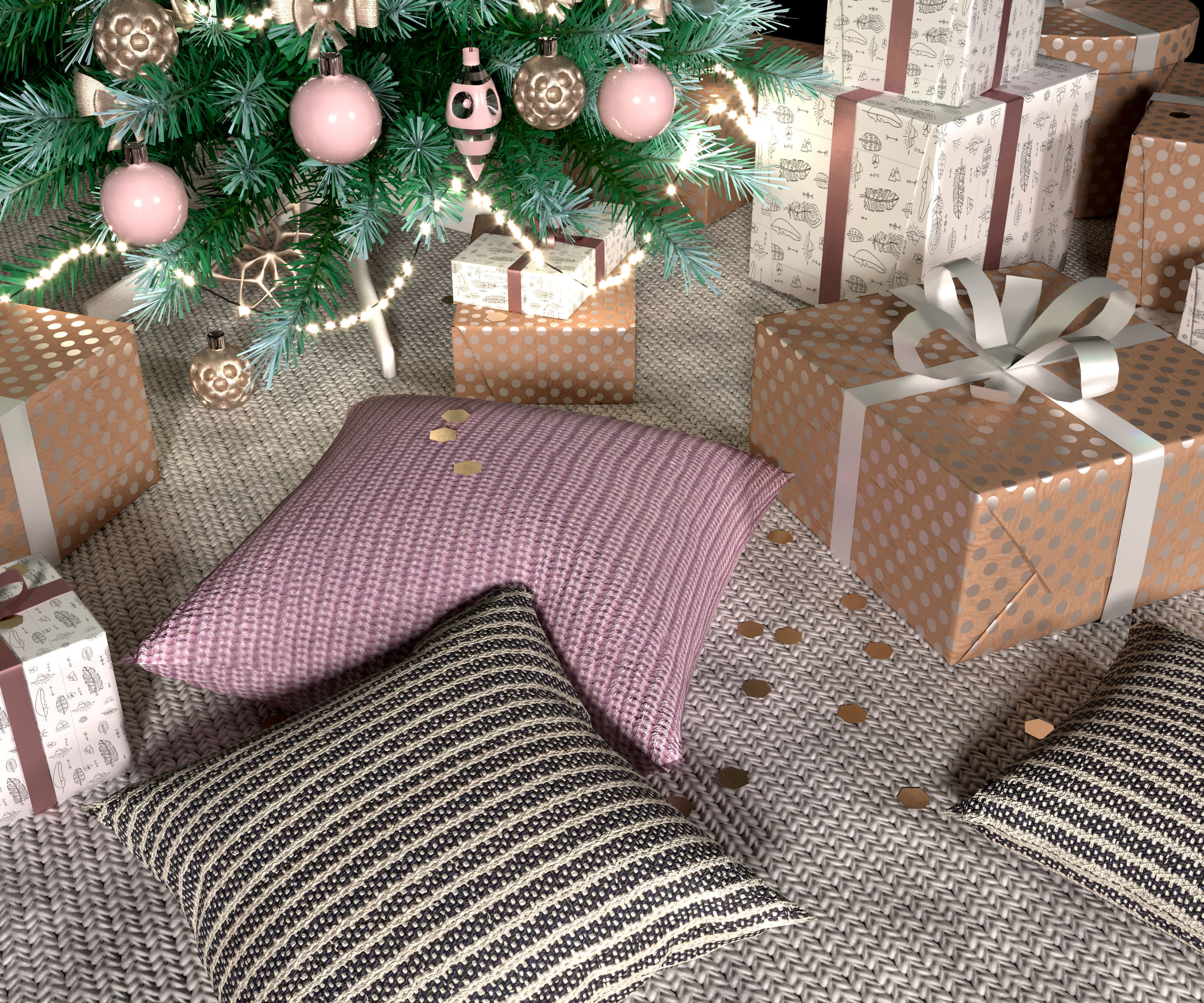 Realistic Christmas tree with gift boxes 3D model_5